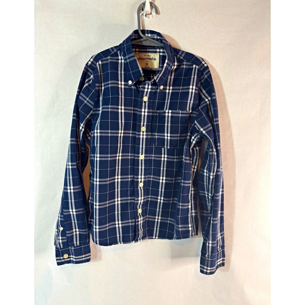 Abercrombie Kids Boys Sz S 7/8 Blue White Plaid Collared LS Button Up Shirt